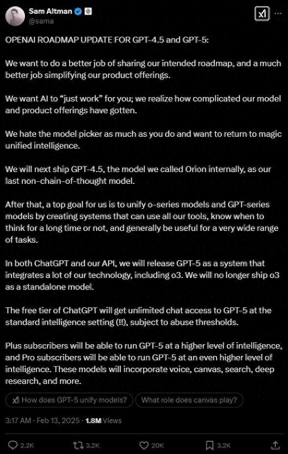 OpenAI CEO透露GPT-5發(fā)展規(guī)劃，免費(fèi)版ChatGPT將無限制體驗(yàn)新功能